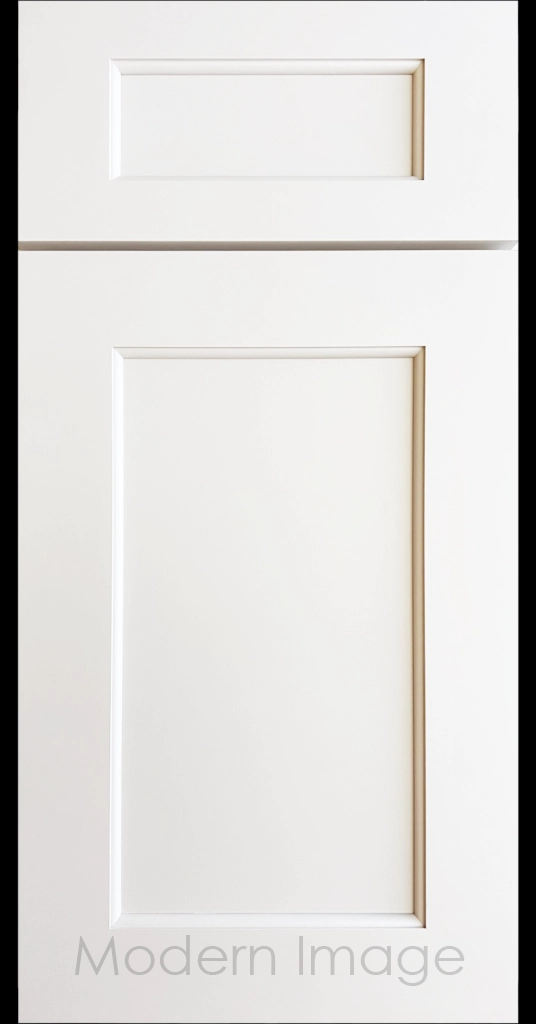 Carlsbad II Shaker kitchen cabinets with distinct line detailing in Frost white.